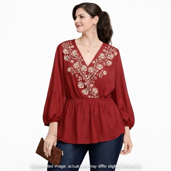 Savanna Jane Tops - Savanna Jane 2X Embroidered Boho Romanticcore Festival Peplum Blouse Rust Red